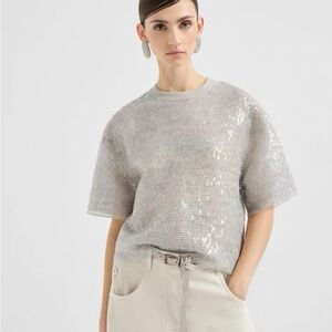 Brunello Cucinelli Silver Short-Sleeve Sequin Knit Top